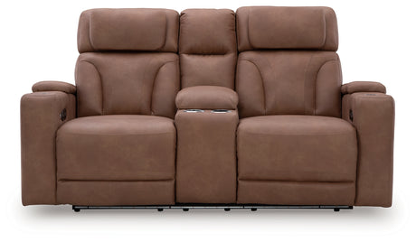 Clean-Slate Caramel Power Reclining Loveseat with Console from Ashley - Luna Furniture