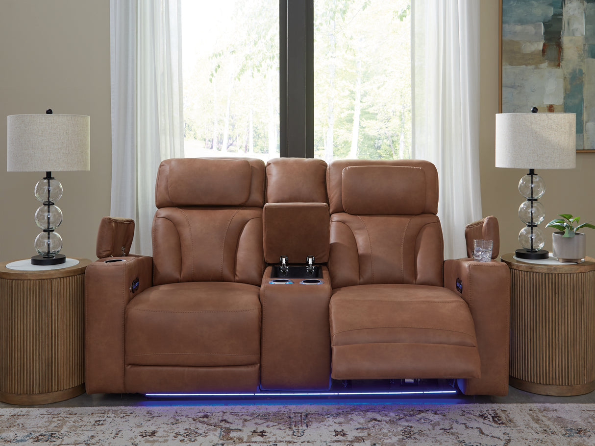 Clean-Slate Caramel Power Reclining Loveseat with Console from Ashley Furniture - Luna Furniture