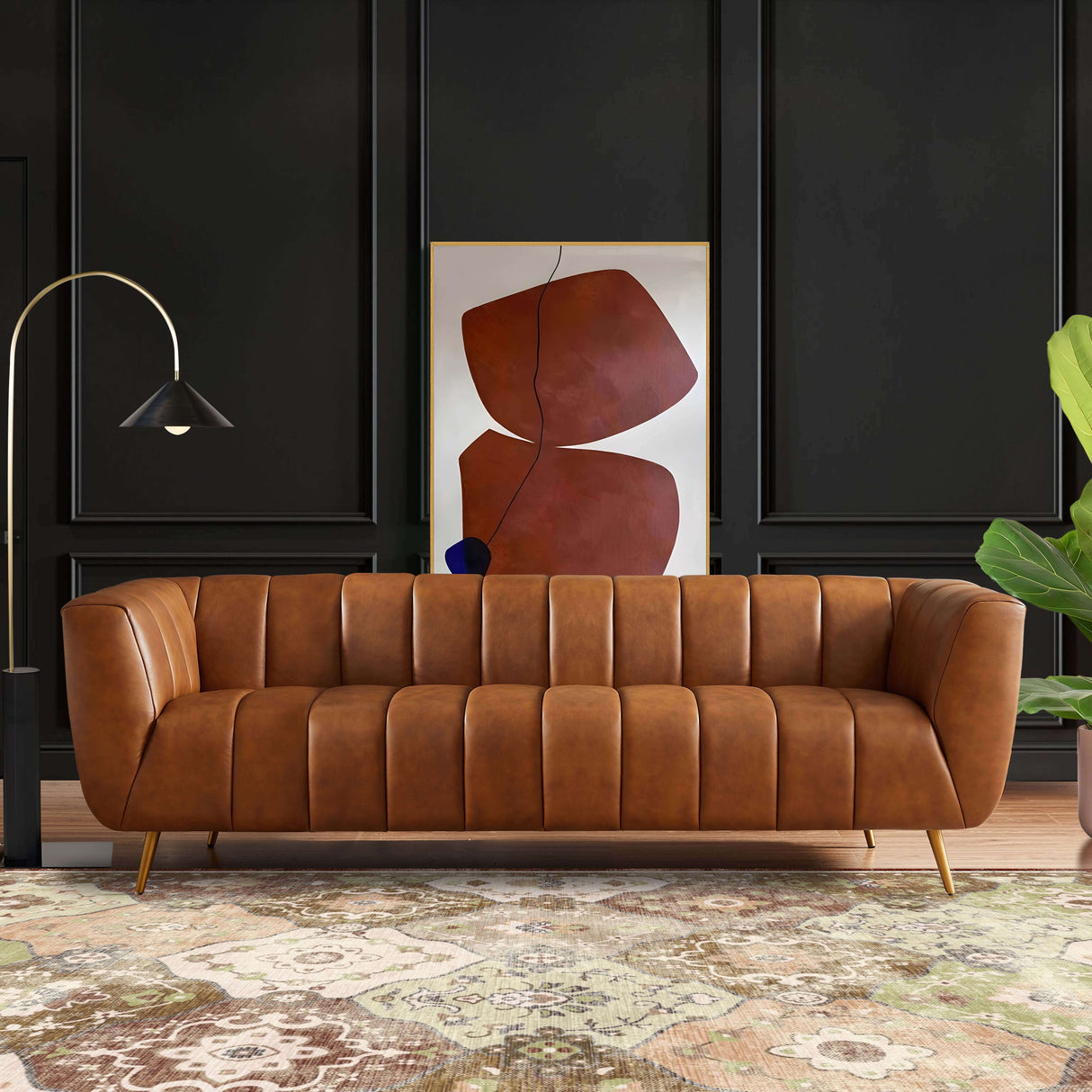 Ava Cognac Genuine Italian Leather Channel Tufted Sofa from Ashcroft Furniture - Luna Furniture