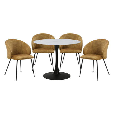 Cosimo Mustard 5-Piece Marble Print Tempered Glass-Top Round Dining Set from Homelegance - Luna Furniture