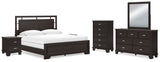Covetown California King Panel Bed with Mirrored Dresser, Chest and 2 Nightstands in Dark Brown from Ashley Furniture - Luna Furniture