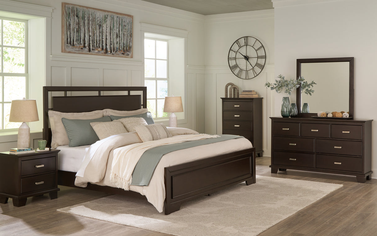 Covetown California King Panel Bed with Mirrored Dresser, Chest and 2 Nightstands in Dark Brown from Ashley Furniture - Luna Furniture