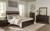 Covetown California King Panel Bed with Mirrored Dresser, Chest and 2 Nightstands in Dark Brown from Ashley Furniture - Luna Furniture