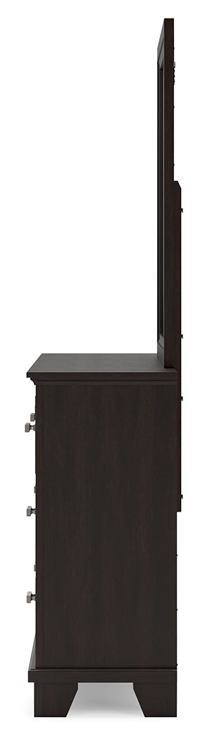 Covetown California King Panel Bed with Mirrored Dresser, Chest and 2 Nightstands in Dark Brown from Ashley Furniture - Luna Furniture