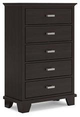 Covetown California King Panel Bed with Mirrored Dresser, Chest and 2 Nightstands in Dark Brown from Ashley Furniture - Luna Furniture