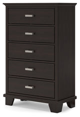 Covetown California King Panel Bed with Mirrored Dresser, Chest and 2 Nightstands in Dark Brown from Ashley Furniture - Luna Furniture