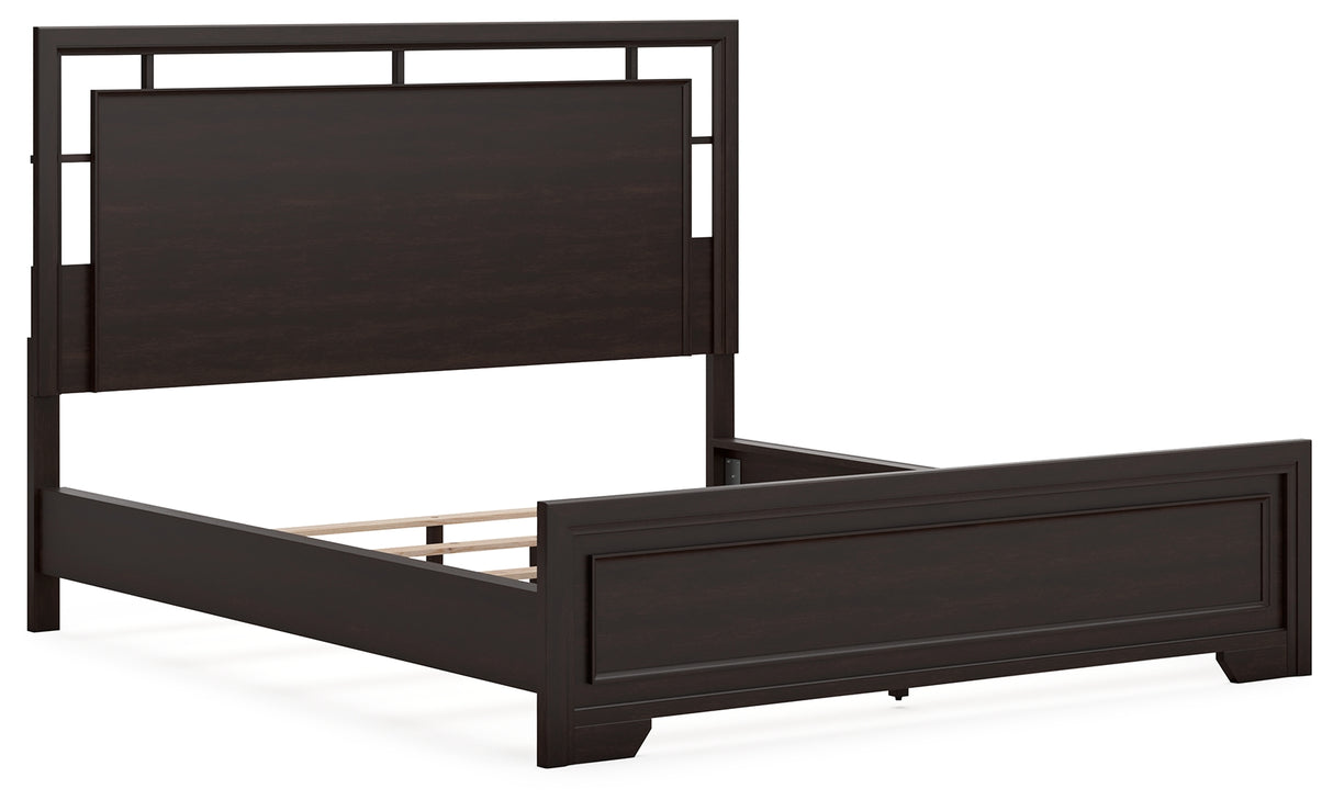 Covetown California King Panel Bed with Mirrored Dresser, Chest and 2 Nightstands in Dark Brown from Ashley Furniture - Luna Furniture