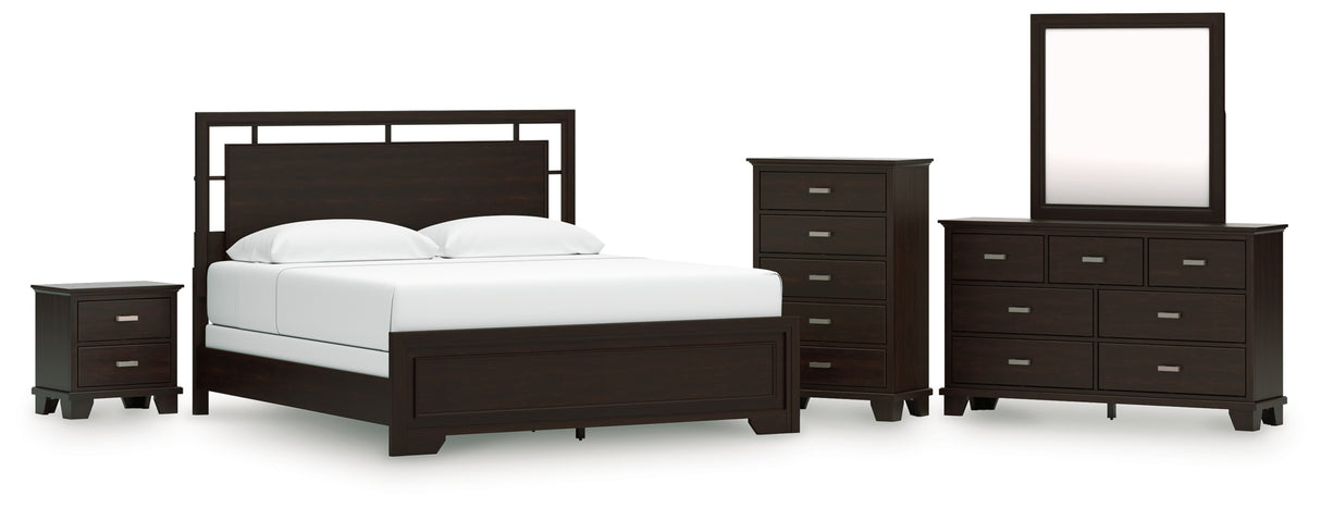 Covetown California King Panel Bed with Mirrored Dresser, Chest and Nightstand in Dark Brown from Ashley Furniture - Luna Furniture