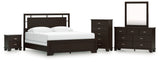 Covetown California King Panel Bed with Mirrored Dresser, Chest and Nightstand in Dark Brown from Ashley Furniture - Luna Furniture