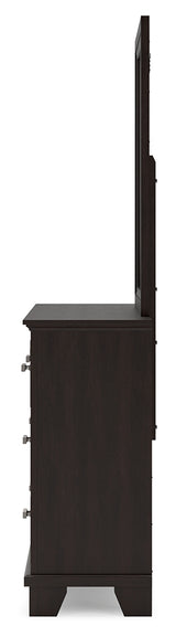 Covetown California King Panel Bed with Mirrored Dresser, Chest and Nightstand in Dark Brown from Ashley Furniture - Luna Furniture