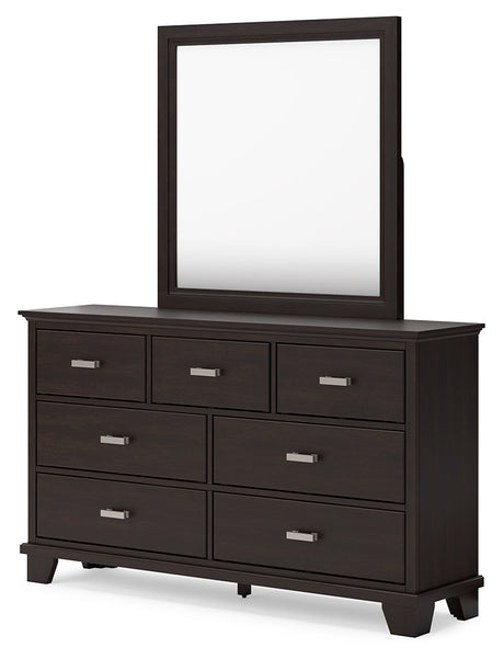 Covetown California King Panel Bed with Mirrored Dresser, Chest and Nightstand in Dark Brown from Ashley - Luna Furniture