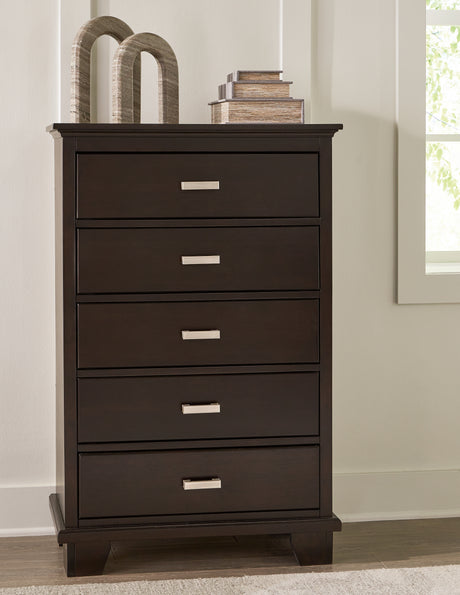 Covetown California King Panel Bed with Mirrored Dresser and Chest in Dark Brown from Ashley - Luna Furniture