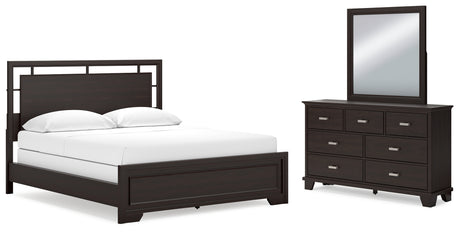 Covetown California King Panel Bed with Mirrored Dresser in Dark Brown from Ashley - Luna Furniture