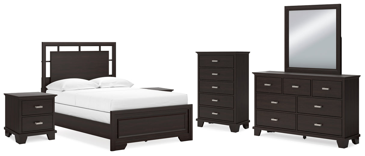 Covetown Full Panel Bed with Mirrored Dresser, Chest and 2 Nightstands in Dark Brown from Ashley - Luna Furniture