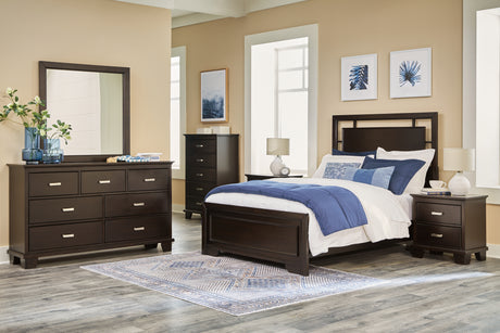 Covetown Full Panel Bed with Mirrored Dresser, Chest and 2 Nightstands in Dark Brown from Ashley - Luna Furniture
