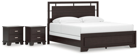 Covetown King Panel Bed with 2 Nightstands in Dark Brown from Ashley - Luna Furniture