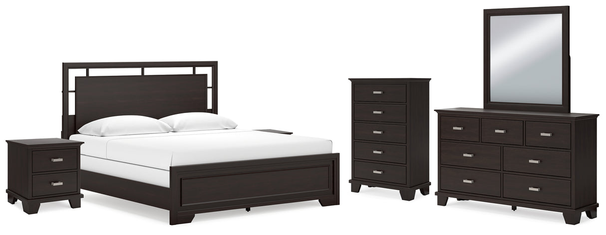 Covetown King Panel Bed with Mirrored Dresser, Chest and 2 Nightstands in Dark Brown from Ashley Furniture - Luna Furniture