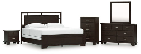 Covetown King Panel Bed with Mirrored Dresser, Chest and Nightstand in Dark Brown from Ashley - Luna Furniture