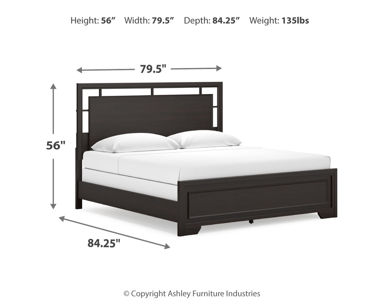 Covetown King Panel Bed with Mirrored Dresser and 2 Nightstands in Dark Brown from Ashley - Luna Furniture