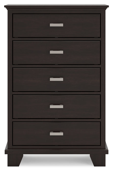 Covetown King Panel Bed with Mirrored Dresser and Chest in Dark Brown from Ashley - Luna Furniture