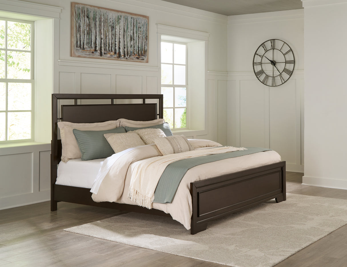 Covetown King Panel Bed with Mirrored Dresser and Chest in Dark Brown from Ashley - Luna Furniture