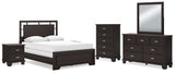 Covetown Queen Panel Bed with Mirrored Dresser, Chest and 2 Nightstands in Dark Brown from Ashley - Luna Furniture