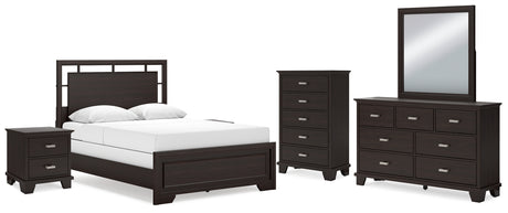 Covetown Queen Panel Bed with Mirrored Dresser, Chest and 2 Nightstands in Dark Brown from Ashley - Luna Furniture