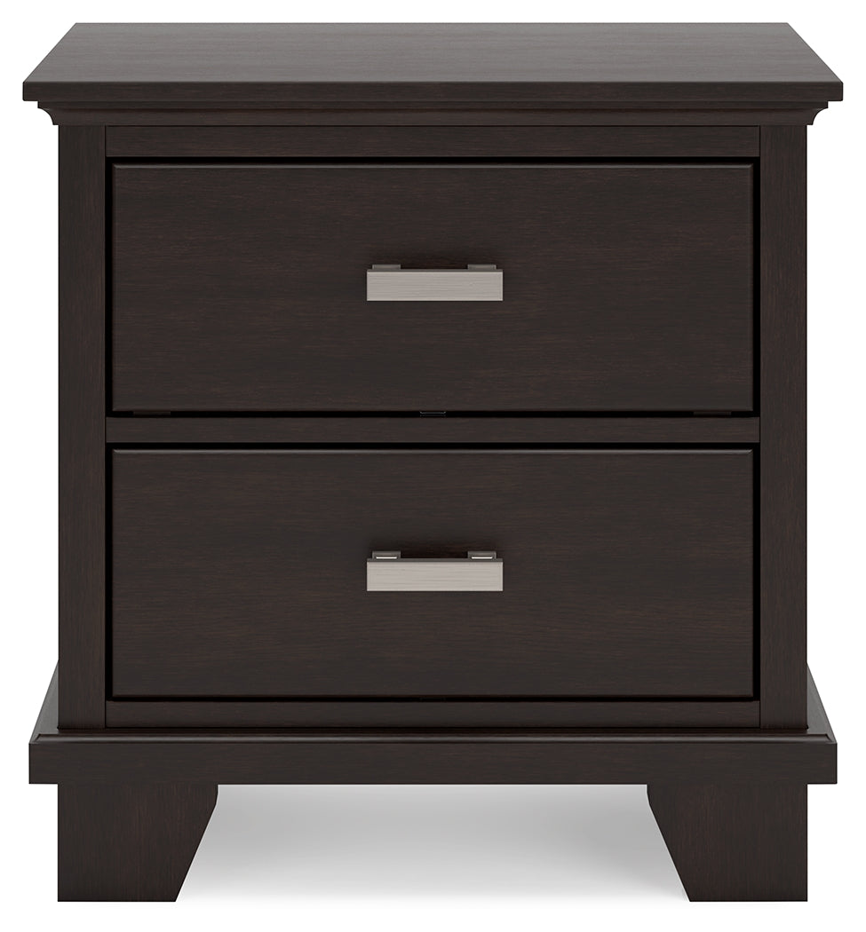 Covetown Queen Panel Bed with Mirrored Dresser, Chest and 2 Nightstands in Dark Brown from Ashley - Luna Furniture