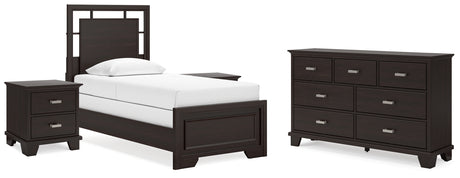 Covetown Twin Panel Bed with Dresser and 2 Nightstands in Dark Brown from Ashley - Luna Furniture