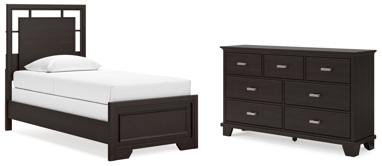 Covetown Twin Panel Bed with Dresser in Dark Brown Covetown Twin Panel Bed with Dresser in Dark Brown