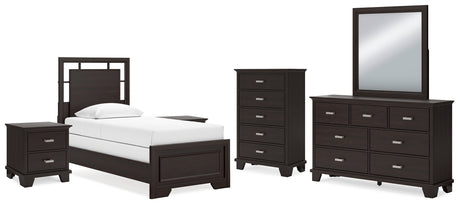 Covetown Twin Panel Bed with Mirrored Dresser, Chest and 2 Nightstands in Dark Brown from Ashley - Luna Furniture