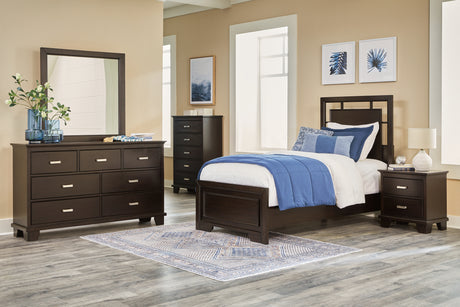 Covetown Twin Panel Bed with Mirrored Dresser, Chest and Nightstand in Dark Brown from Ashley - Luna Furniture