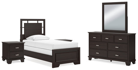 Covetown Twin Panel Bed with Mirrored Dresser and 2 Nightstands in Dark Brown from Ashley - Luna Furniture