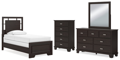 Covetown Twin Panel Bed with Mirrored Dresser and Chest in Dark Brown from Ashley - Luna Furniture