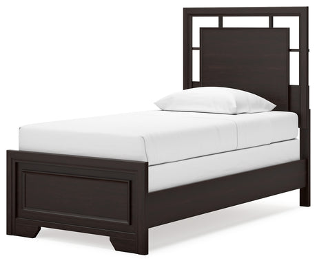 Covetown Twin Panel Bed with Mirrored Dresser and Chest in Dark Brown from Ashley - Luna Furniture