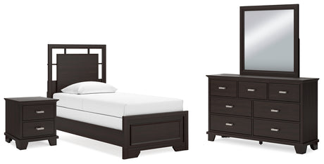 Covetown Twin Panel Bed with Mirrored Dresser and Nightstand in Dark Brown from Ashley - Luna Furniture