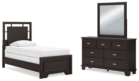 Covetown Twin Panel Bed with Mirrored Dresser in Dark Brown from Ashley - Luna Furniture