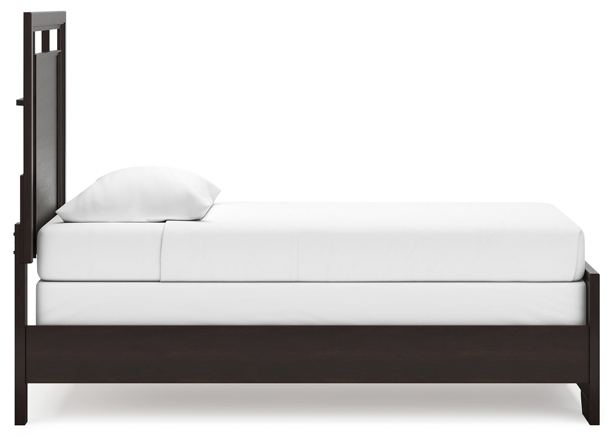Covetown Twin Panel Bed with Mirrored Dresser in Dark Brown from Ashley Furniture - Luna Furniture