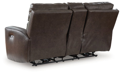 Crossplex Smoke Power Reclining Loveseat with Console from Ashley - Luna Furniture