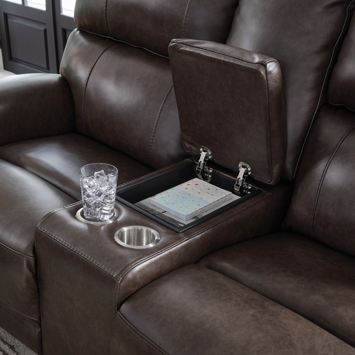 Crossplex Smoke Power Reclining Loveseat with Console from Ashley Furniture - Luna Furniture