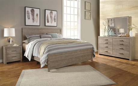 Culverbach King Panel Bed with Mirrored Dresser and 2 Nightstands in Gray from Ashley - Luna Furniture