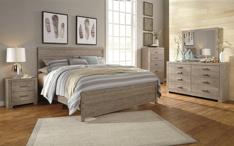 Culverbach King Panel Bed with Mirrored Dresser and Chest in Gray from Ashley - Luna Furniture