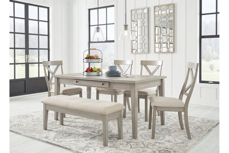 Parellen Gray Dining Table, 4 Chairs and Bench
