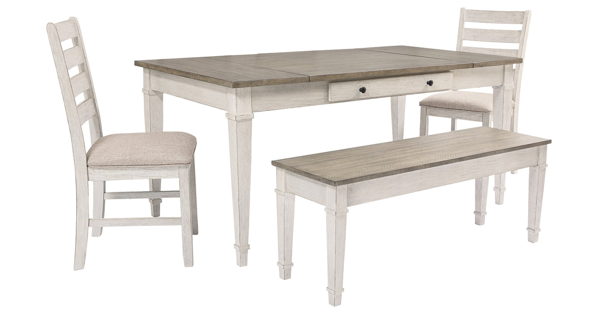 Skempton White/Light Brown Dining Table, 2 Chairs, and Bench