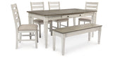 Skempton White/Light Brown Dining Table and 4 Chairs and Bench