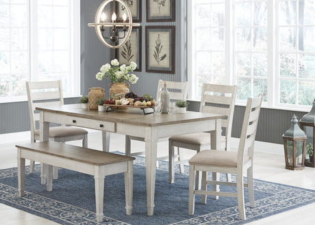 Skempton White/Light Brown Dining Table and 4 Chairs and Bench from Ashley - Luna Furniture