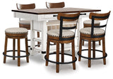 Valebeck White/Brown Counter Height Dining Table and 6 Barstools