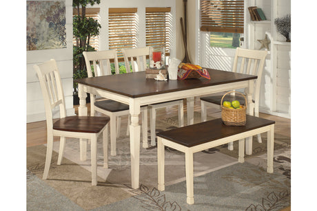 Whitesburg Brown/Cottage White Dining Table with 4 Chairs and Bench