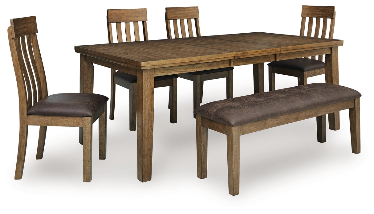 Urbinforte Light Brown Extension Dining Table, 4 Chairs and Bench from Ashley - Luna Furniture
