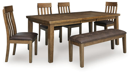Urbinforte Light Brown Extension Dining Table, 4 Chairs and Bench from Ashley - Luna Furniture